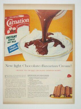 Carnation 1950s Vintage Magazine Advertisement Chocolate Bavarian Cream Recipe